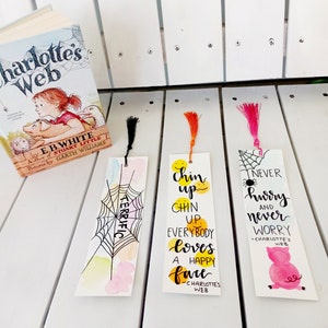 Charlotte&#39;s Web Bookmarks-Set of 3-Classic Quotes-Book Lovers Gift-EB White Literature Quotes-Handmade and Handlettered-Watercolor Bookmarks