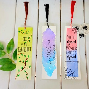 Superhero Watercolor Bookmarks - Set of 3 - Spider Superhero - Tree Superhero -Handmade Hand Lettered Movie Quote Bookmarks-Book Lovers Gift