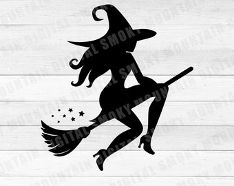 Silhouette di strega volante: decorazione di Halloween con manico di scopa (download digitale)