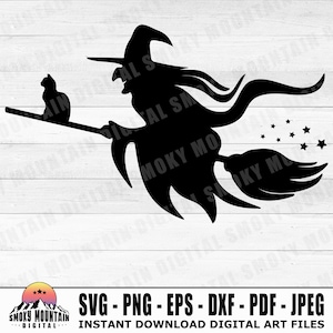 Flying Witch & Cat Silhouette: Halloween SVG, PNG, PDF (Digital Download)