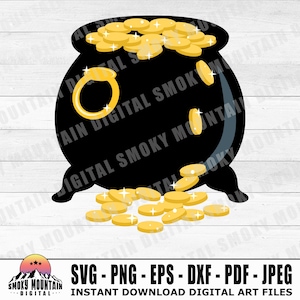 May include: A black pot overflowing with gold coins, some of which are spilling out onto a white wooden surface. The pot has a gold ring handle and is decorated with gold glitter.