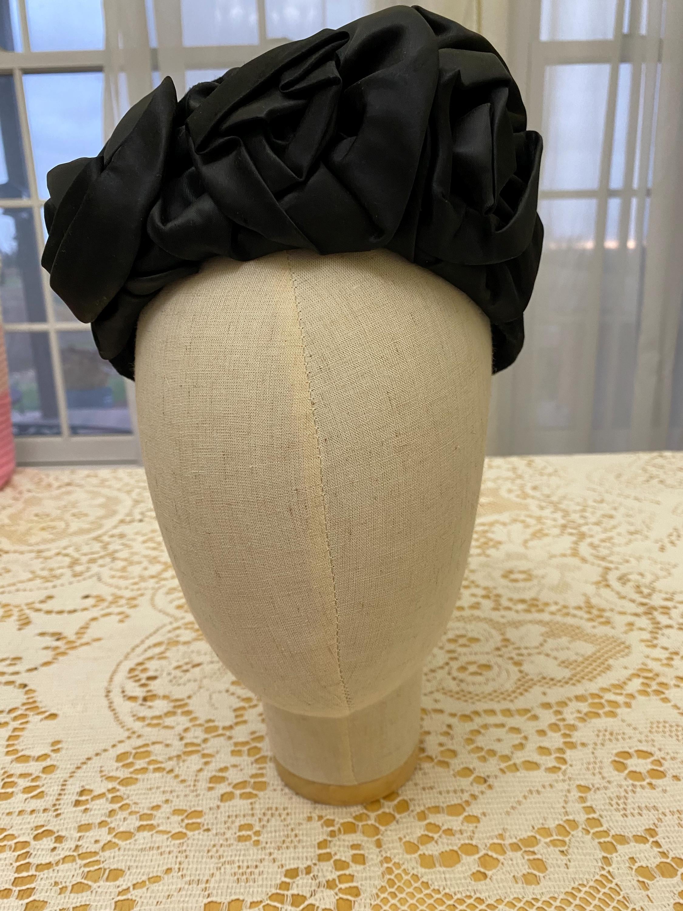 Vintage 1950s Black Satin Rosette Turban Hat | Sculpted  display picture 1