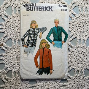 May include: A vintage sewing pattern for a jacket, featuring three different styles. The pattern is from Quick-Sew Butterick and is size 12. The pattern number is 6780 and the price is £2.00.