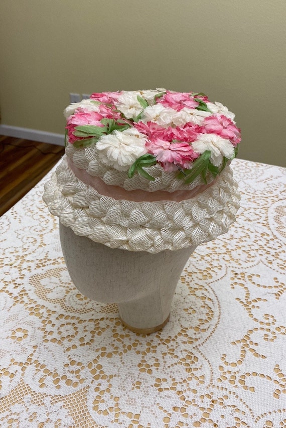 Cream Woven Hat with Pink Velvet Ribbon & Flowers