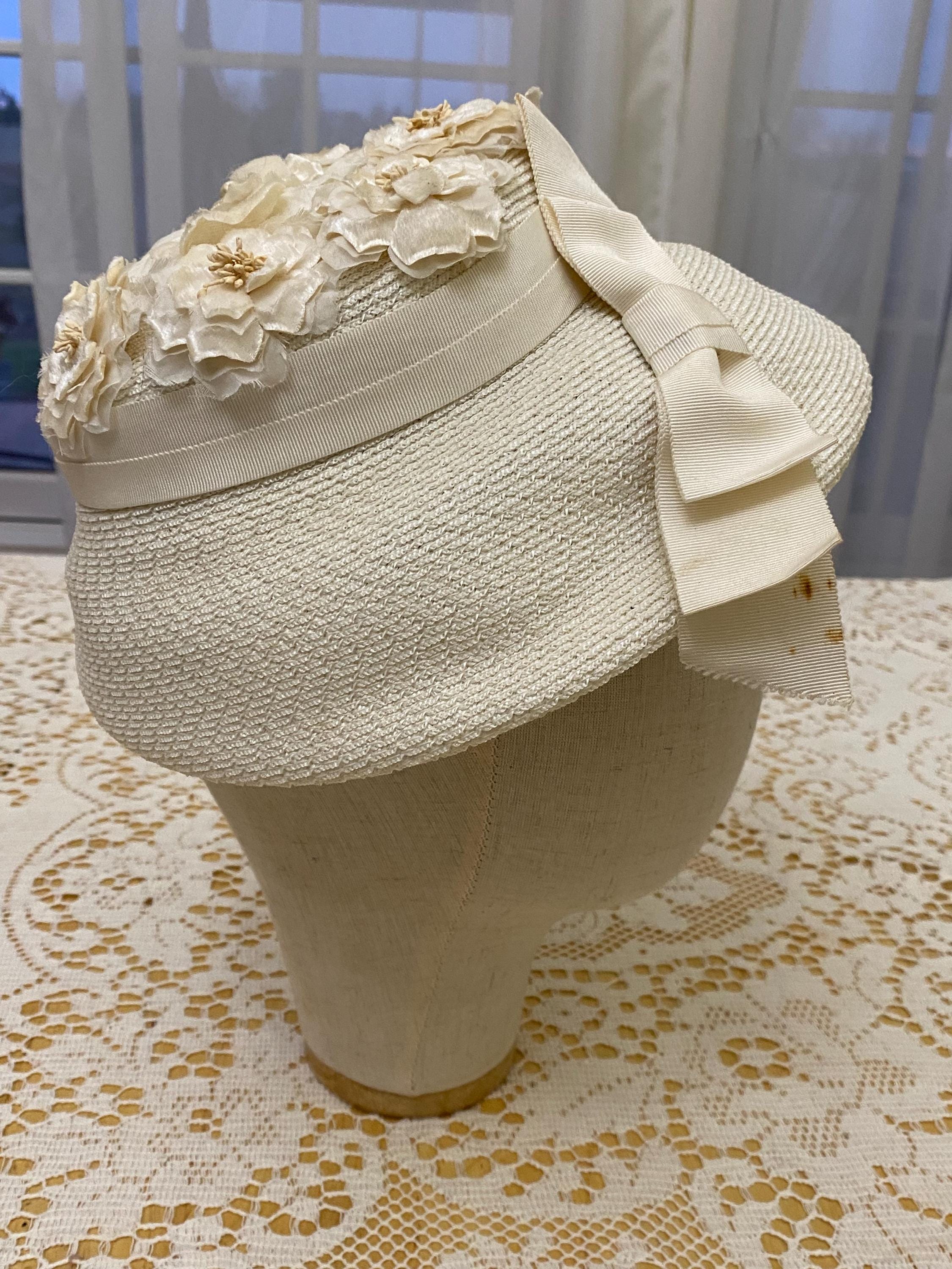 Vintage 1950s Ivory Straw Hat With Silk Flowers & Bow 