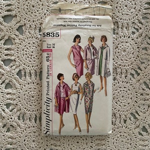 May include: Simplicity sewing pattern number 5835, size 16, bust 36. The pattern includes instructions for making four different dresses. The dresses are shown on four models. The dresses are all knee-length and have different necklines and sleeves. The pattern is printed in Canada.