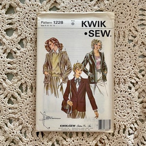 May include: A vintage sewing pattern for a blazer, featuring three different styles. The pattern is from Kwik Sew Pattern Co., Inc. and is for sizes 6-8-10-12.