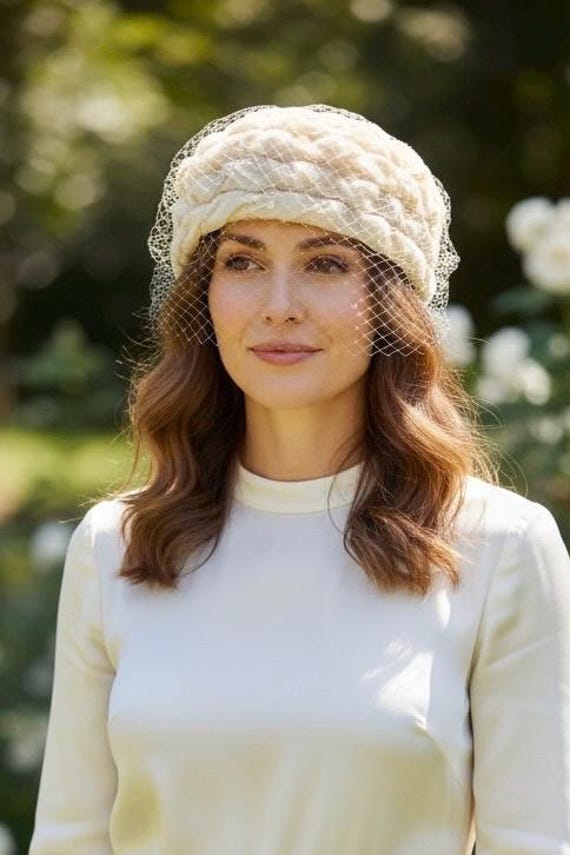 Vintage Ivory Floral Veil Pillbox Hat Ivory Wedding Pillbox Hat With Veil: Handmade Bride  main image 4