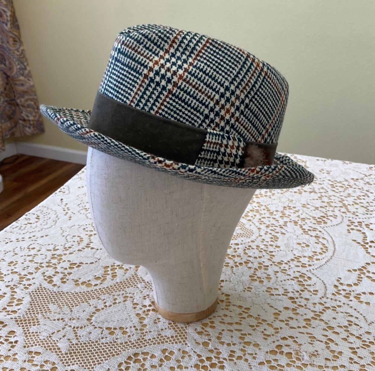 Vintage JC Penney Houndstooth Plaid Hat Faux Leather Belt Detail Brown Medium Tweed Fedora 1960s Vintage Hats for Men for sale | eBay main image 4