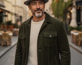 Könnte beinhalten: Eine dunkel olivgrüne Cordjacke mit zwei Brusttaschen und Knopfleiste, getragen über einem cremefarbenen Strickpullover. Ein grau-schwarzer Fedora-Hut mit Hahnentrittmuster und einem dunkelbraunen Band, kombiniert mit einer dunkelblauen Jeans.