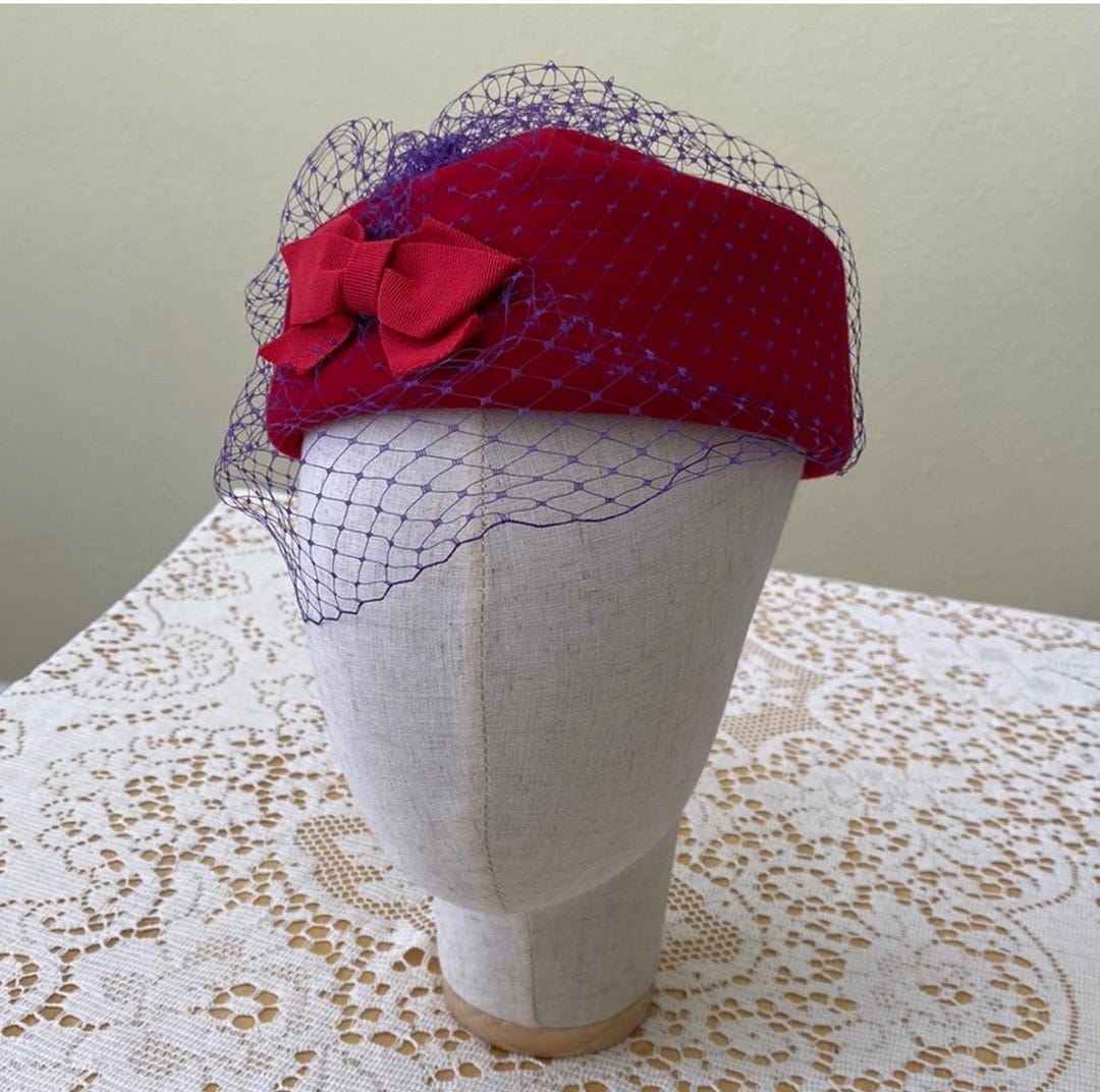 Vintage Red Pillbox Hat - Bold Red Wool Felt Red Wool Contoured Vintage Styled Pill Box Hat-Church Hat  main image 3