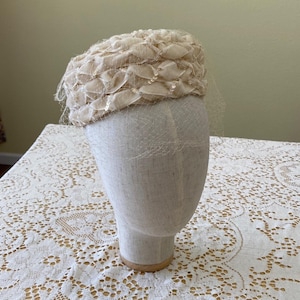 Vintage Favorette Ivory Velour Ribbon & Sequin Pillbox Hat with Veil — 1950s Bridal or Cocktail Hat