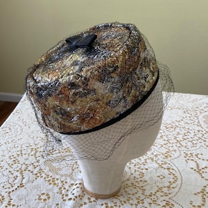 Vintage Gold, Silver & Black Brocade Pillbox Hat