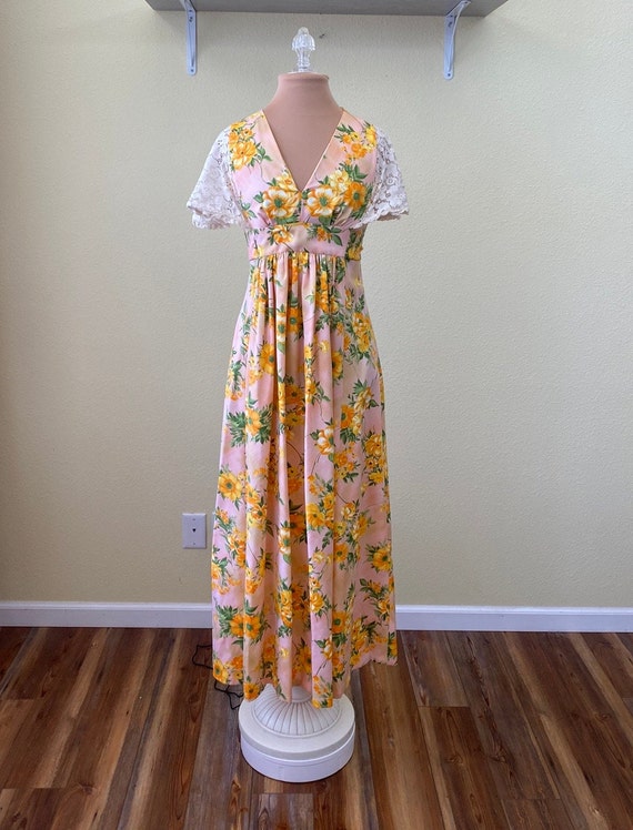 Handmade Vintage 1960s Long Peach & Yellow Floral 