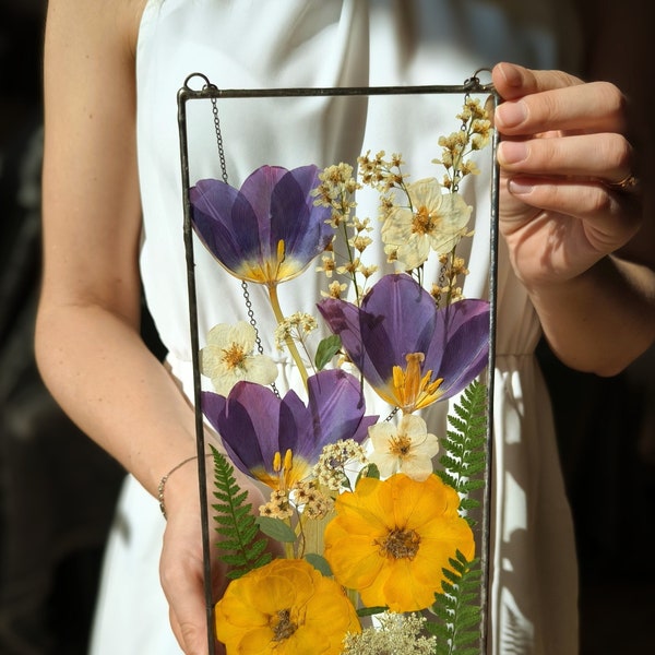 Pressed flower art, large pressed flower frame, suncatcher - real flowers in stained glass frame, original and unique gift