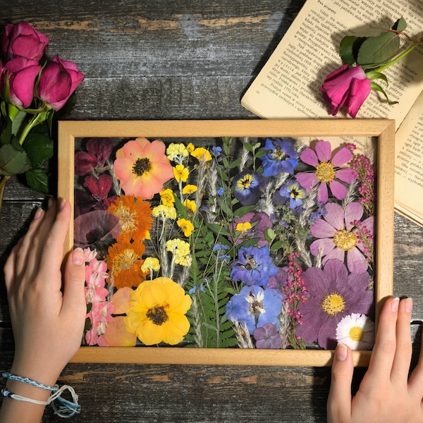 Botanical art in wooden frame, Large pressed flower frame, Hanging glass decor, Wall decor, Pressed flower art, Real dried flower