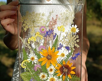 Handcrafted Pressed Flower Frame, Stained Glass Botanical Art, Hanging Wall Decor