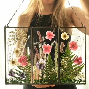 Large Pressed Flower Frame, Hanging Glass decor, Wall decor, Botanical Art, Pressed flower art, Real dried flowers, Herbarium