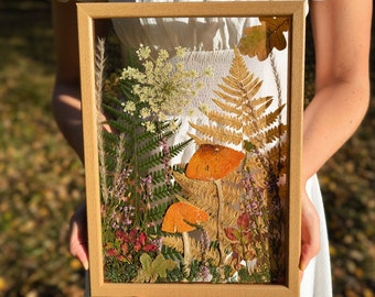 Botanical art in wooden frame, Large pressed flower frame, Hanging glass decor, Wall decor, Pressed flower art, Real dried mushroom
