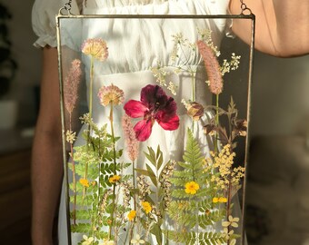 Pressed flower art large frame, real wildflower art frame, hanging glass décor, stained glass frame, flower art décor, flowers herbarium