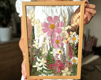 Pressed Flower Frame: Real Dried Flowers in Wood Frame, Botanical Wall Art