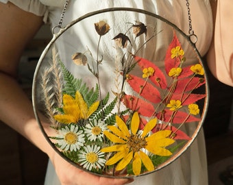 Pressed flower art in stained glass frame, wildflower wall art