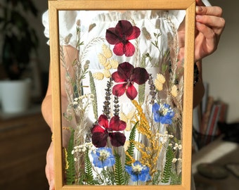 Pressed Flower Frame: Real Dried Flowers in Wood Frame, Botanical Wall Art