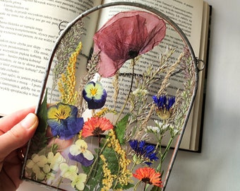 Stained glass frame, pressed flower frame, pressed plant frame, flower hanging, hanging glass decor, real poppy, circle pressed flowers