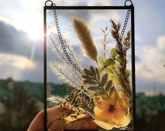 Boho Stained Glass Pressed Flower Frame: Suncatcher, Floral Art