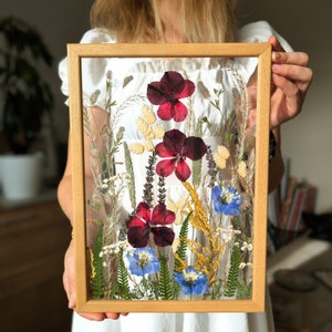 Pressed Flower Frame: Real Dried Flowers in Wood Frame, Botanical Wall Art