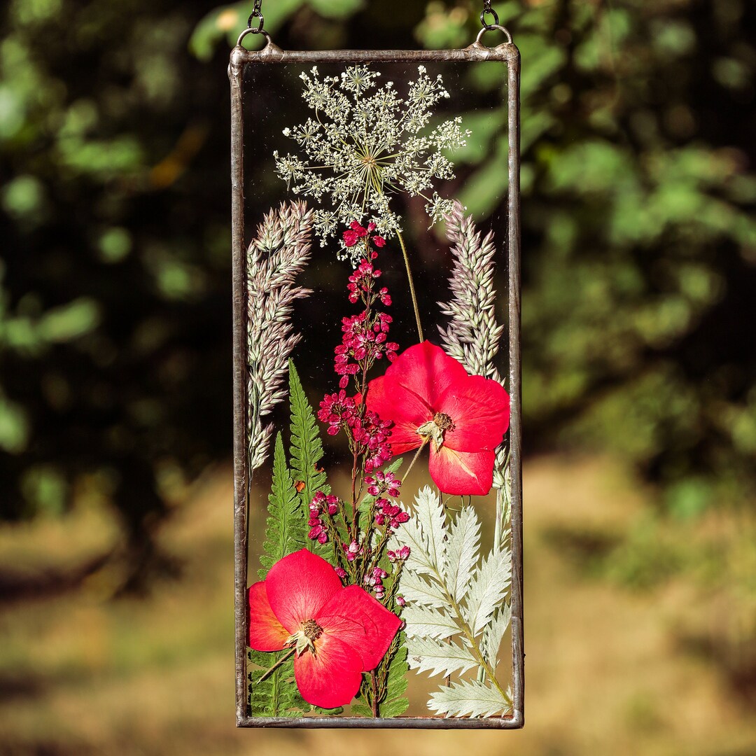 Pressed Flower Art in Stained Glass Frame, Original Pressed Flower