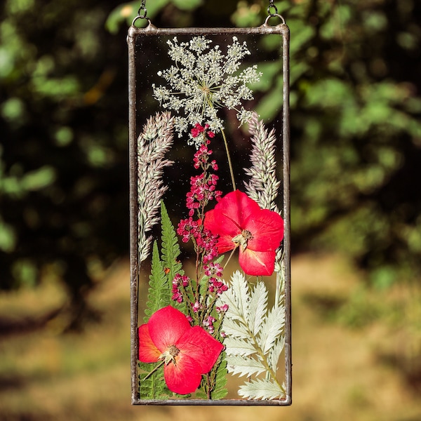 Pressed flower art in stained glass frame, original pressed flower artwork, sunkatcher, hanging wall art, pressed flower art