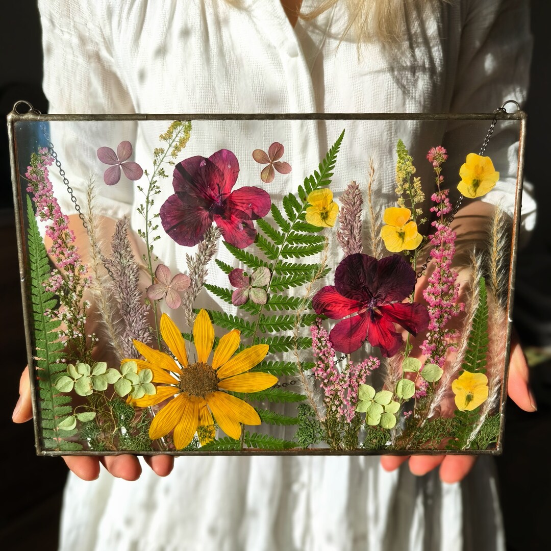 Pressed Flower Art Large Frame, Real Wildflower Art Frame, Hanging