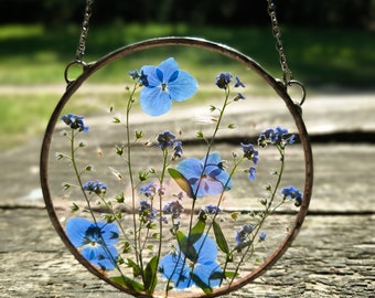 Herbarium in stained glass frame, real flowers, forget me not, pressed flower art, original artwork and unique gift