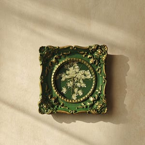 May include: A square wall frame with an ornate, dark green and gold finish featuring a circular center cutout. Inside the circular opening, a pressed white wildflower arrangement is displayed against a matching dark green background.
