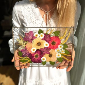Large Pressed Flower Frame, Hanging Glass decor, Wall decor, Botanical Art, Pressed flower art, Real dried flowers, Herbarium