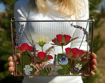 Stained glass frame, pressed flower frame, pressed plant frame, flower hanging, hanging glass decor