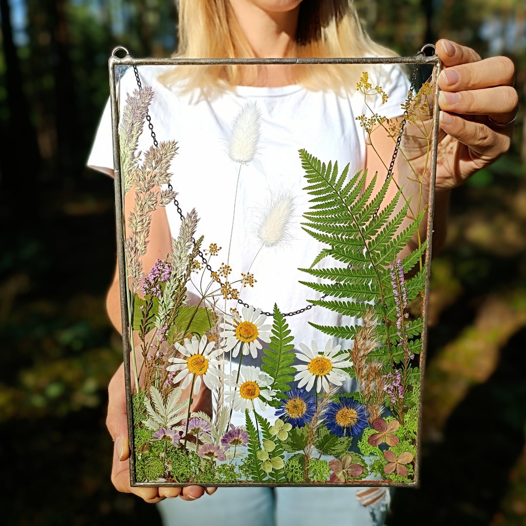 Large Pressed Flower Art in Stained Glass Frame, Original Pressed