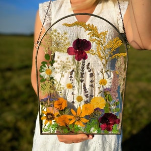 Pressed flower art: real flowers in large stained glass frame, suncatcher
