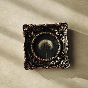 May include: A square wall frame featuring an ornate, dark black and metallic gold finish with intricate scrollwork detailing. The centre contains a circular inset displaying a single white dandelion seed head against a solid black background.