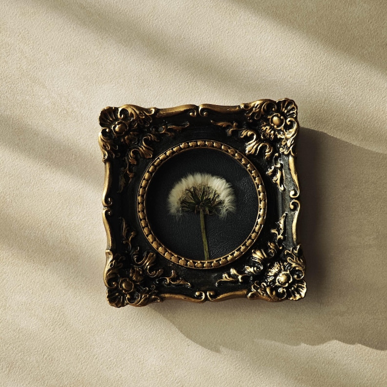 May include: A square wall frame featuring an ornate, dark black and metallic gold finish with intricate scrollwork detailing. The centre contains a circular inset displaying a single white dandelion seed head against a solid black background.