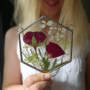 Botanical dried pressed flower frame, hanging wall art, stained glass frame, pressed flower frame