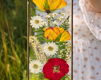 Arte de flores prensadas en marco de vitral, arte mural botánico, atrapasol