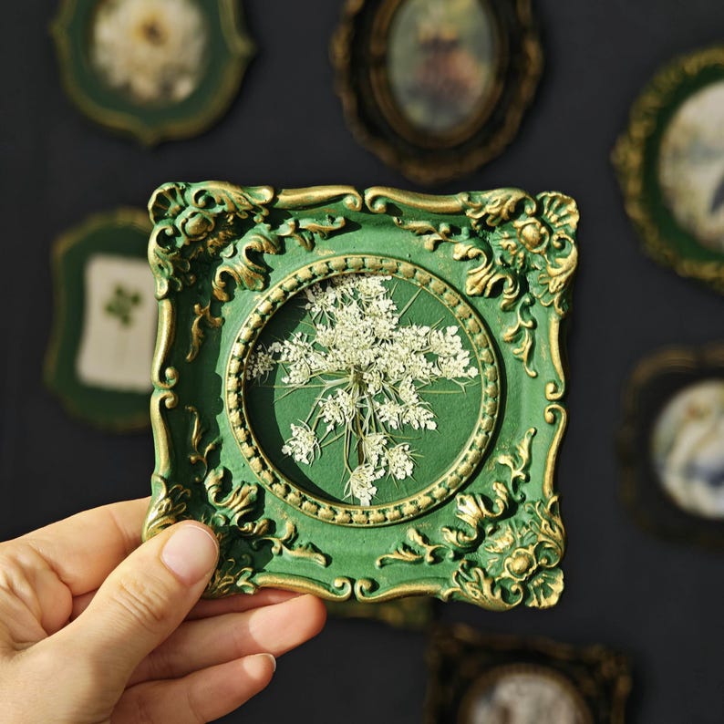 May include: A square picture frame with an ornate, embossed green and gold border. The frame features a circular center containing a pressed white Queen Anne's lace flower against a solid green background. The design includes intricate scrollwork.