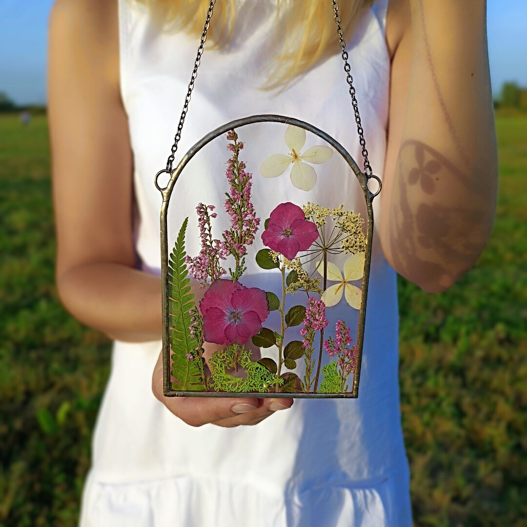 Pressed Flower Suncatcher, Hanging Glass Décor, Stained Glass Frame