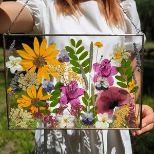 Large Pressed Flower Frame, Hanging Glass decor, Wall decor, Botanical Art, Pressed flower art, Real dried flowers, Herbarium