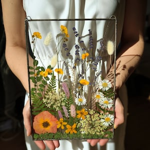 Large pressed flower frame with pressed wildflowers, botanical birthday gift