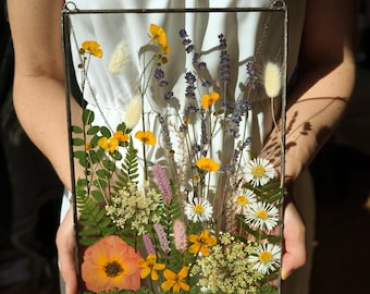 Large pressed flower frame with pressed wildflowers, botanical birthday gift