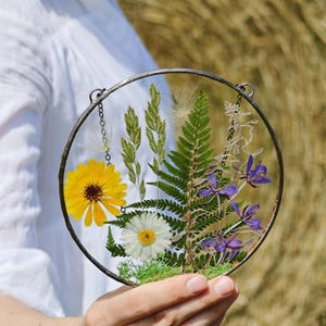 Stained glass frame, suncatcher, botanical dried pressed flower frame, hanging wall art, pressed flower art, pressed flower frame
