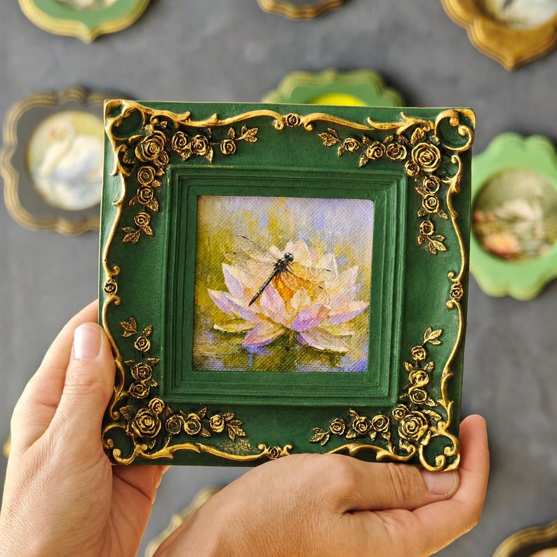 Dragonfly Framed Canvas Art, Vintage Ornate Picture Frame, Water Lily Wall Decor FOREST GREEN